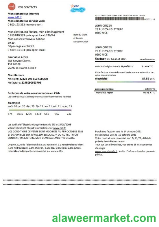 France EDF proof of address utility bill template in Word and PDF format